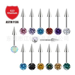 JT851 G23 Titanium Six Prong Gem Pointed Cone Internal Thread Ear Cartilage Stud - Emerald Green & Titanium Color