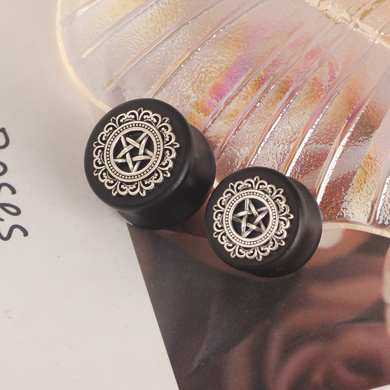 Black Solid Wood Star Ear Tunnels Stainless Steel Plated Flower Earrings for Men Ear Gauges - Image 4