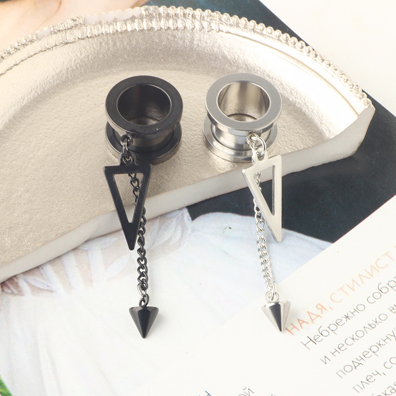 Triangular Chain Pendant Ear Auger Piercing Earrings - 316L Surgical Steel Black 25mm - Image 2
