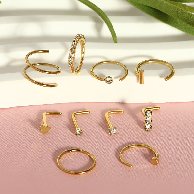10-Piece Stainless Steel Nose Stud Set with L-Bar and Heart-Shaped Zircon, Bulk Nose Piercing Jewelry for Women Men - Image 4