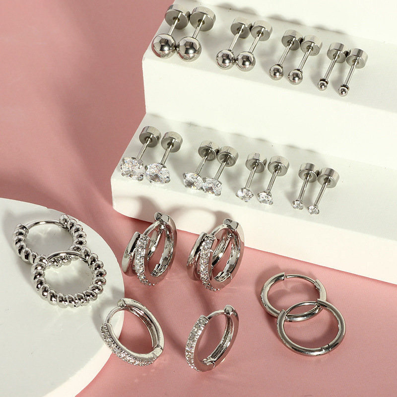24-Piece Stainless Steel Earring Set - European & American Niche Fashion Earrings for Men and Women, Round Geometric Style, 2025 Summer Trend - Image 2