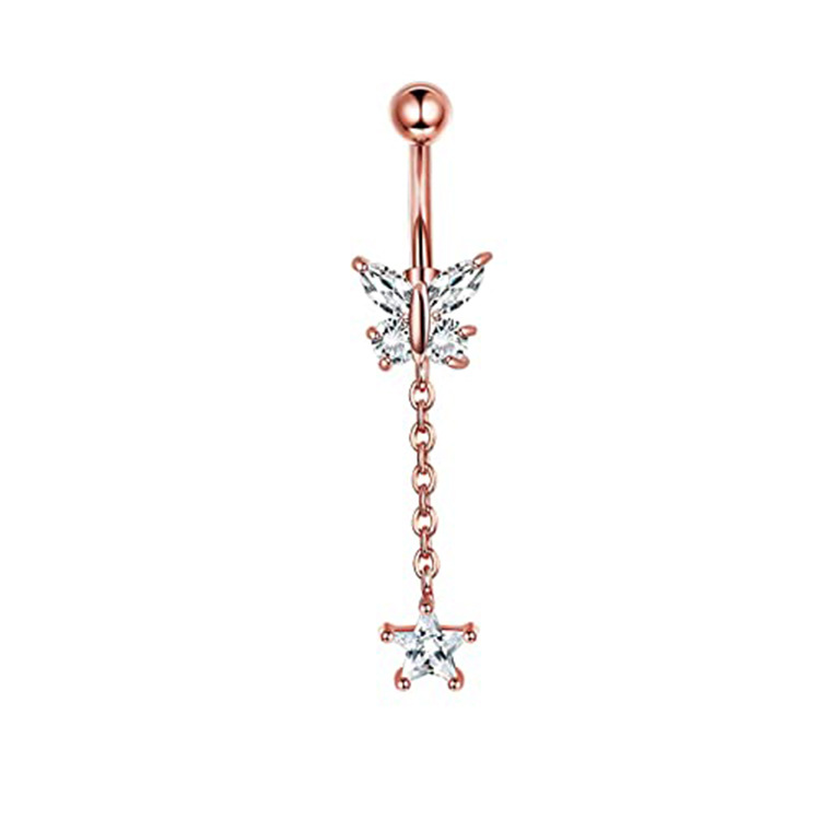Women's Rose Gold Belly Button Ring Butterfly Zircon Crystal Navel Piercing Jewelry Stainless Steel - Image 2