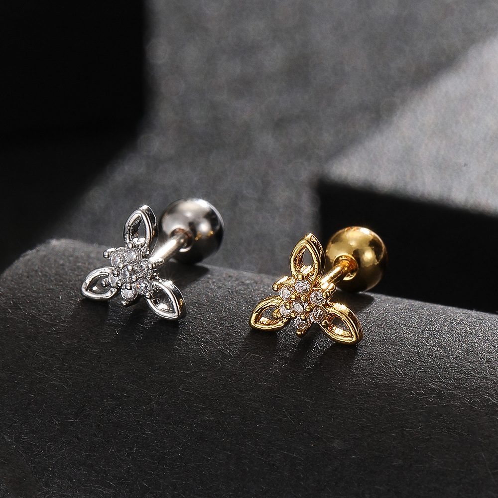 Elegant 18K Gold Plated Titanium Steel Screw Rod Ear Bone Nails Leaf Cross Cartilage Earrings High-End Niche Ear Jewelry - Image 3