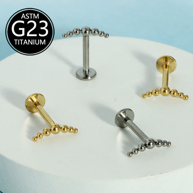 G23 Titanium Internally Threaded Lip Stud with Seven Beads Round Top 6-10mm - Image 3
