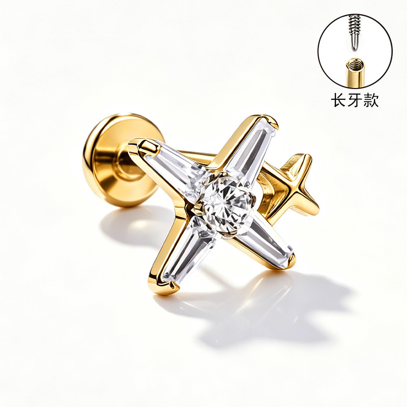 F136 Titanium Alloy Ear Studs, Carved Bone Studs, Long Tooth Style with Zirconia, Lip Studs, G23 Titanium Body Piercing Jewelry - Image 4