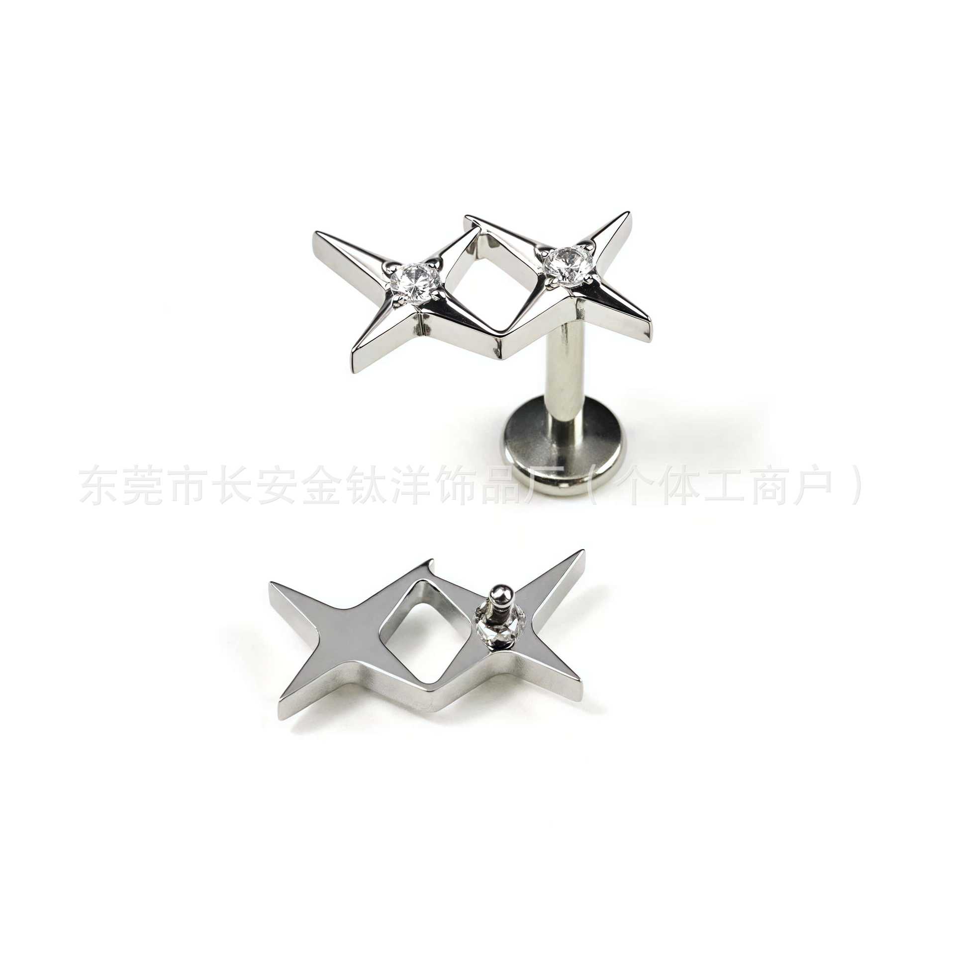 F136 Titanium Gemini Zircon Double Four Mangxing Earrings Nose Nail Ear Bone Nail G23 Titanium Alloy Human Puncture Jewelry - Image 3