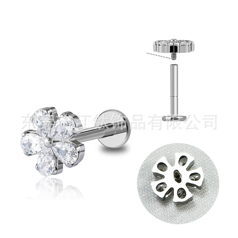 Titanium Flower 5A Zircon Ear Stud - G23 ASTM F136 Cartilage Stud for Helix Tragus Conch Piercing - Image 2