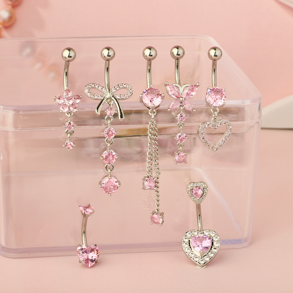 European American Stainless Steel Pink Butterfly Pendant Navel Ring CZ Super Flash Zircon Love Umbilical Piercing Jewelry - Image 2