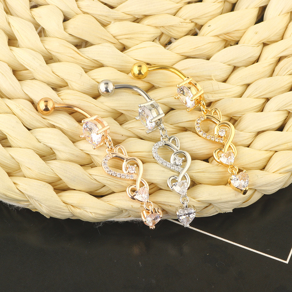 Double Heart Long Zircon Belly Button Ring Navel Piercing Jewelry Rose Gold - Image 4