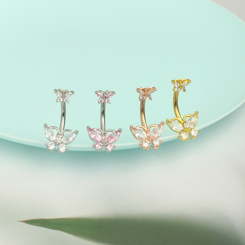 New Stainless Steel CZ Butterfly Navel Ring - Silver Pink Zircon Belly Button Ring for Women - Image 4
