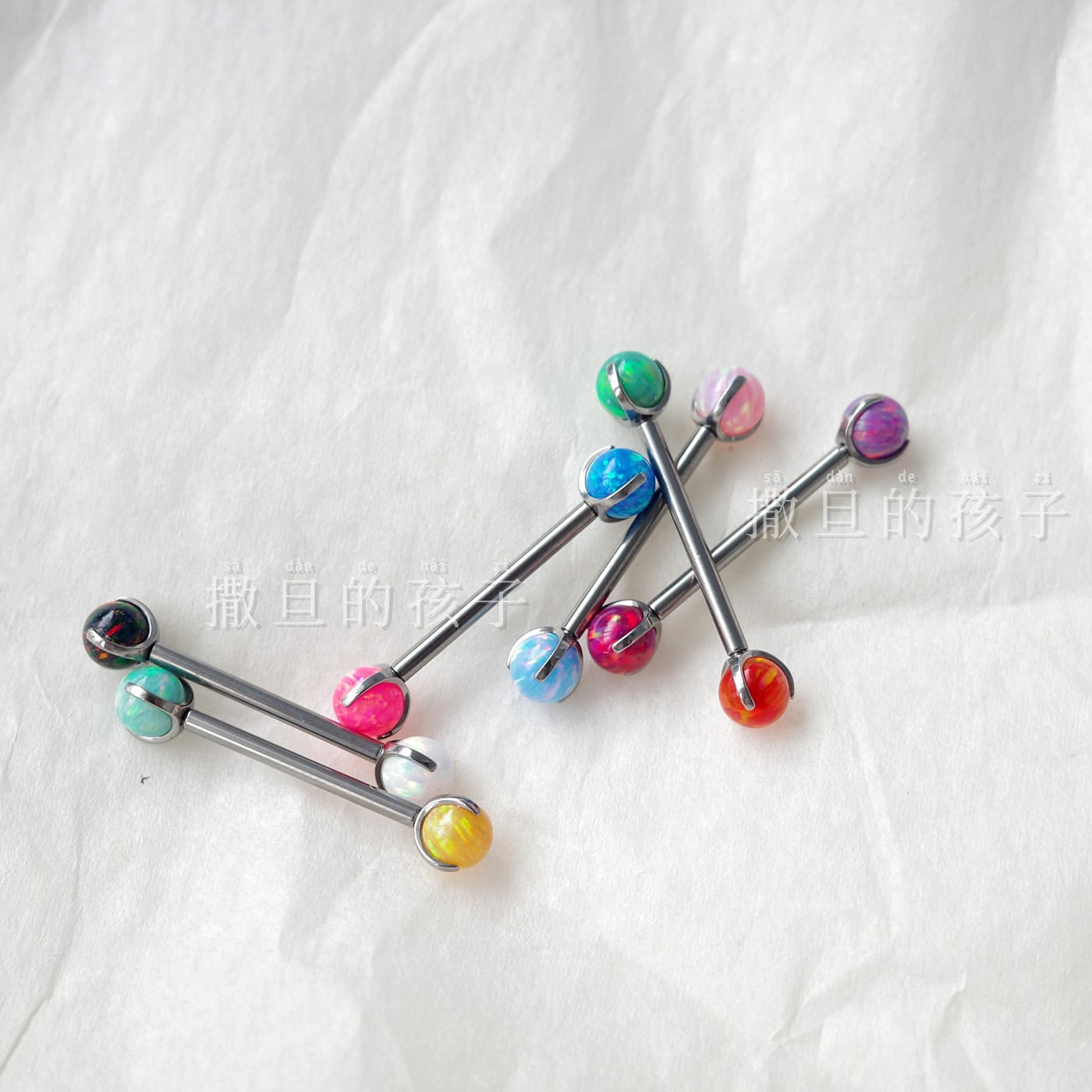 F136 Titanium Alloy Tongue Piercing, Double Opal Titanium Alloy Internally Threaded Tongue Barbell, Three Prong Opal Ball Tongue Ring - Image 4