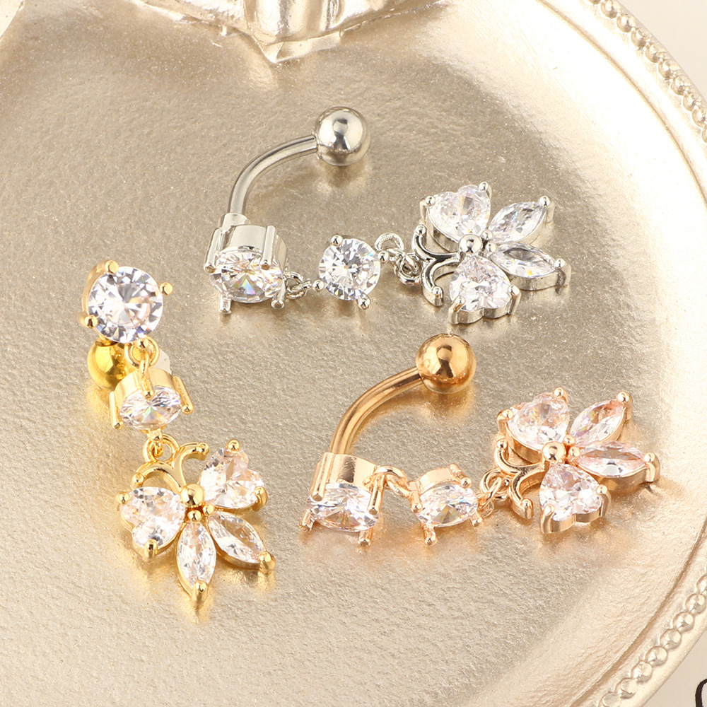 Butterfly Flower Zircon Navel Ring Stainless Steel Body Piercing Jewelry Rose Gold - Image 4