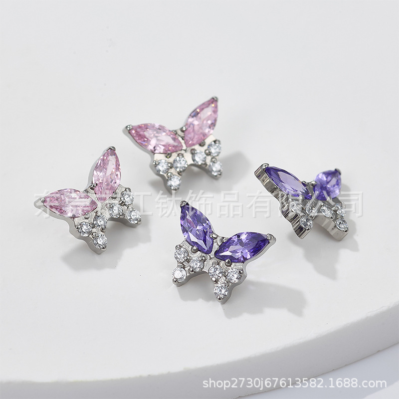 Titanium Alloy Butterfly Zircon Ear Cartilage Stud Flat Back Piercing Jewelry - Image 3