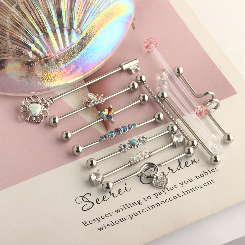 Heart Shaped Industrial Barbell Ear Studs Stainless Steel Cartilage Piercing Jewelry Set - Image 3