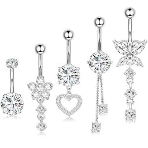 Heart-Shaped Belly Button Ring with Zircon - 5-Piece Body Piercing Jewelry Set (Gold)