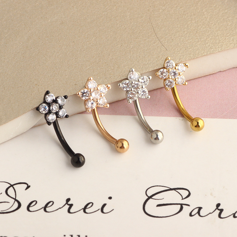 16g Stainless Steel Micro-Paved Zircon Plum Blossom Curved Earring Eyebrow Ring - Image 3