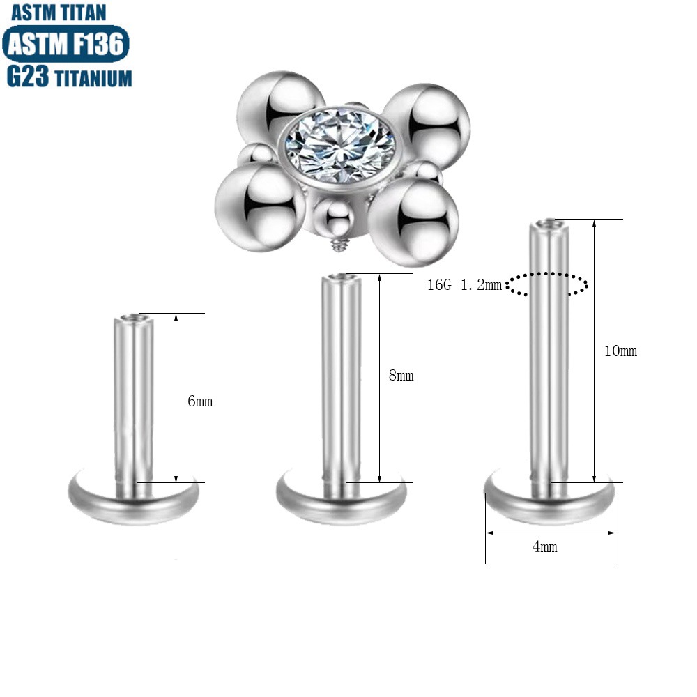 Titanium Lip Stud with Zircon Bead Cluster - 1.2x10mm Labret Stud for Lip Piercing Earring Women's Ring - Image 2