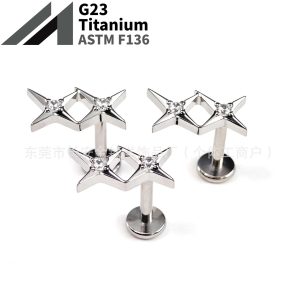 F136 Titanium Gemini Zircon Double Four Mangxing Earrings Nose Nail Ear Bone Nail G23 Titanium Alloy Human Puncture Jewelry