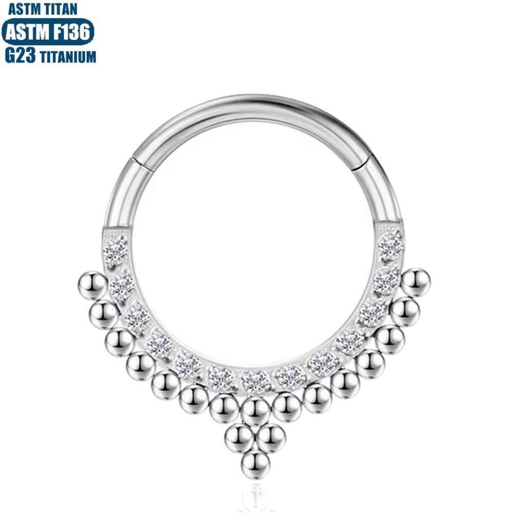 F136 Titanium Nose Ring with Zircon Inlay Welded Bead - Perforated Nose Ring Earring Septum Ring Titanium Alloy Zircon Inlay - Image 2